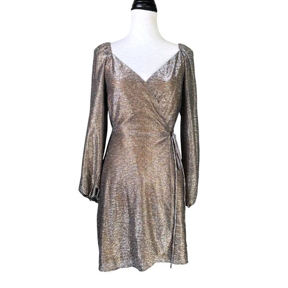 Chelsea28 Glitter Sparkle Gold Silver Metallic Long Sleeve Mini Wrap Dress - Picture 1 of 11